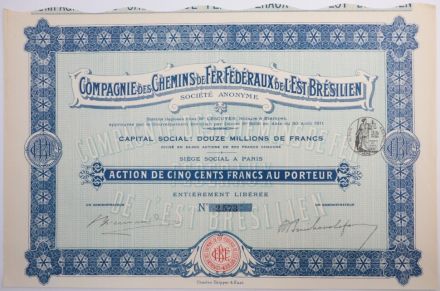 Акция Compagnie des Chemins de Fer Federaux de L&#039;Est Bresilien, 500 франков, Франция